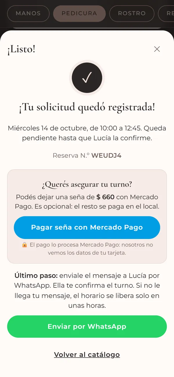 Solicitud registrada con la opción de pagar una seña con Mercado Pago y el botón para enviar por WhatsApp
